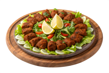 Delicious Spicy Meatballs on Wooden Platter on transparent background