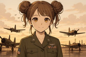 Anime female soldier in vintage military uniform stands confidently at historic airbase with vintage fighter planes flying overhead during a warm sunset, showcasing courage and aviation pride.