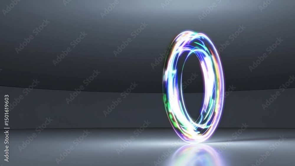 Poster multicolored light trails rotating dynamically, forming iridescent torus shape with vivid reflection