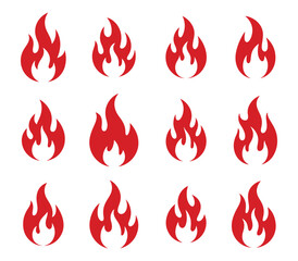 Collection of fire flame silhouette icon vector isolated on white background. Heat, burn, hot, bonfire, burning, warm, campfire, fireball, danger symbol