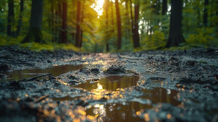 Fototapeta premium A sunlit muddy path winds into a lush forest, reflecting the golden light in a puddle.