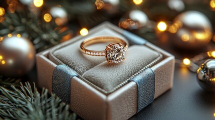 A diamond ring on a velvet box, surrounded by festive Christmas decor