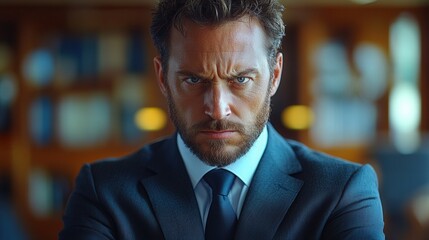 Fototapeta premium A man with a stern expression wearing a suit, captured in a dramatic portrait.