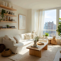 Bright White Living Room Interior with Natural Sunlight Wooden Coffee Table and Decorative Plants Creating a Modern Comfortable Home Space
