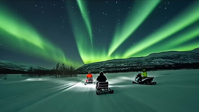 Snowmobiles traversing a snowy landscape under vibrant northern lights in a serene winter setting