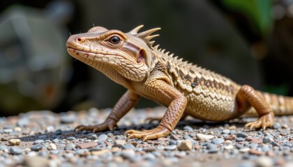 Lizard resting on a gravel surface in natural light.