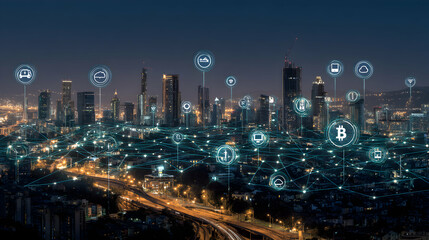 Obraz premium Nighttime Cityscape with Glowing Digital Overlays and Illuminated Buildings Reflecting Modern Technology