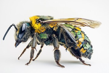 Detailed close-up of a bee, showcasing intricate patterns and colors, likely a composite image