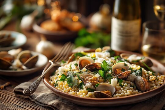 Close-up of Fregola con Arselle, Sardinian pasta with clams, garnished with parsley on wooden table. Concept of cozy setting with warm lighting and rustic decor around Fregola con Arselle.