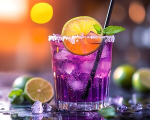 Colorful purple cocktail with lime and mint