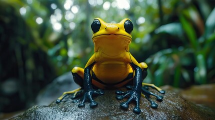 Yellow Frog on Rock in Forest