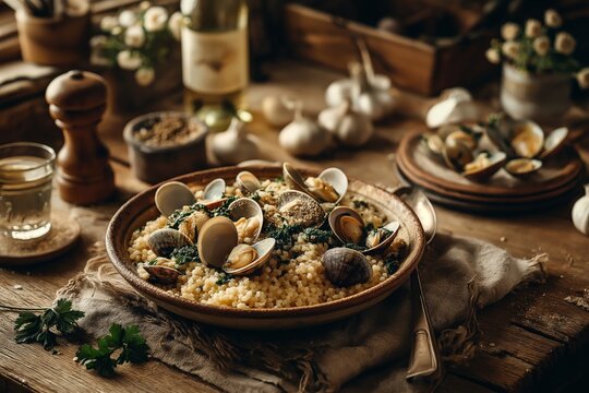 Bowl of Fregola con Arselle, Sardinian pasta with clams, warm lighting, rustic wooden table, garlic cloves. Concept of inviting Fregola con Arselle experience, cozy atmosphere.