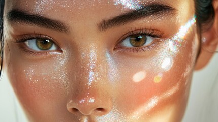 Woman Face with Sparkling Makeup and Light