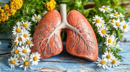 Lungs with Flowers on Wood Background