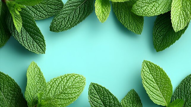 Fresh green mint leaves create a vibrant frame on a light teal background perfect for design projects and presentations.