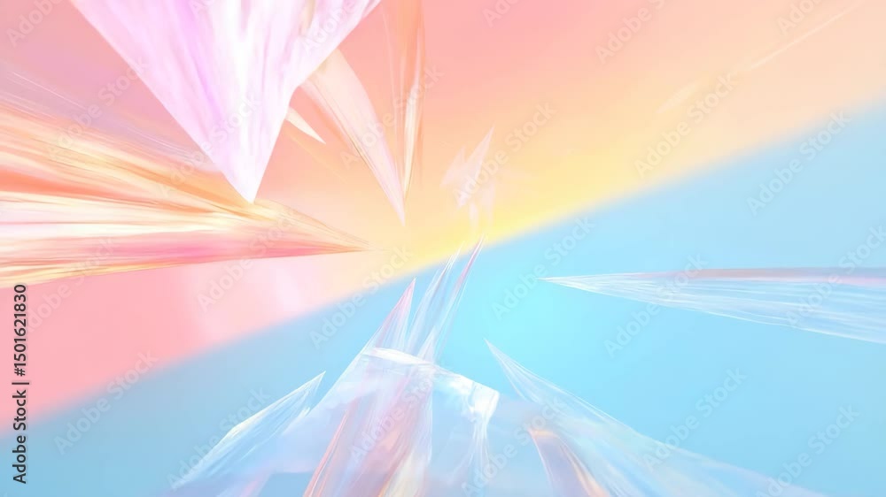 Poster expanding crystal structures rotating with iridescent pastel colors, creating mesmerizing geometric 