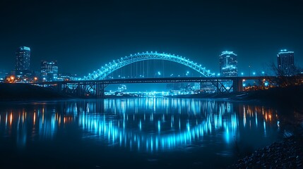 Naklejka premium minimalist glowing Skydance Bridge Oklahoma City night clear sky gentle water reflection simple elegant composition