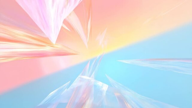 Expanding crystal structures rotating with iridescent pastel colors, creating mesmerizing geometric motion graphics in seamless, dynamic visual animation
