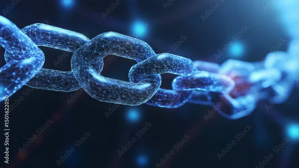 Poster chain with glowing background and red light shining through links creating a stunning visual effect
