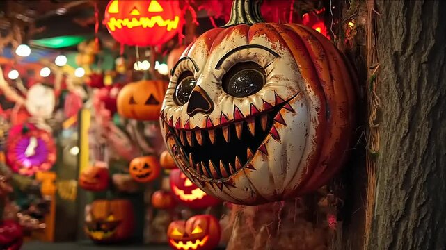 Spooky Halloween decorations featuring a smiling pumpkin head amidst colorful lights and carved pumpkins