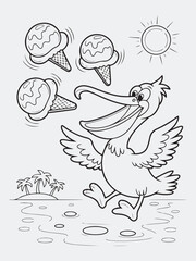 Cute Pelican Catching Ice Cream Scoops Instead of Fish Coloring Page