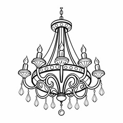 Detailed and elegant line art vector illustration of an ornate chandelier. A luxury home decor element, perfect for formal living spaces, dining rooms, and high-end interior design. Isolated on white.