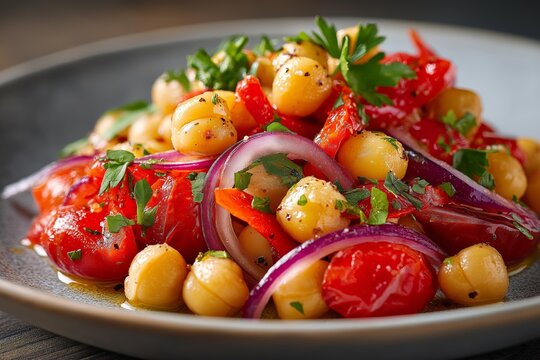 Plate of Empedrat, Catalan chickpea salad, garnished with red onions, bell peppers, parsley on wooden surface. Concept of Empedrat showcasing vibrant colors, warmth, inviting feel