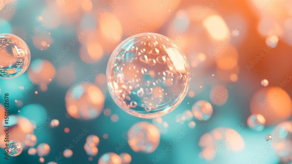 Poster multiple transparent bubbles of different sizes float on a colorful background with orange and teal 