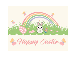 Cute Easter Bunny with Rainbow and Eggs