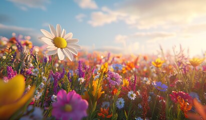 Vibrant wildflower meadow at sunset