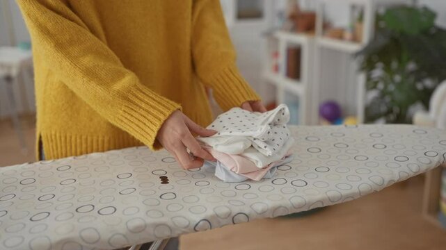 Woman folding clothes on ironing board in laundry room, showcasing home cleaning task with focus on hands and clothing in cozy domestic setting.