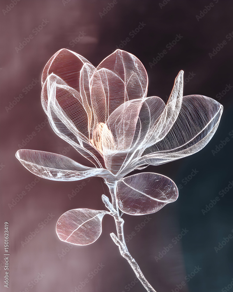 Poster abstract white line art flower on blurred gradient background showing intricate details and delicate