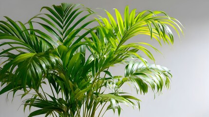 Obraz premium Lush green parlor palm plant with vibrant leaves against a simple gray background showcasing its tropical beauty and healthy growth.
