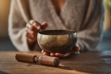 A person gently holds a singing bowl in one hand while sitting in a peaceful indoor setting, engaged in a meditation practice that promotes tranquility and mindfulness