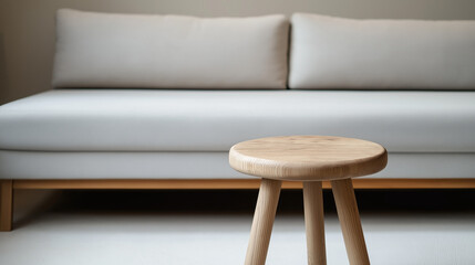 wooden table in front of grey settee in modern simple interior minimal design
