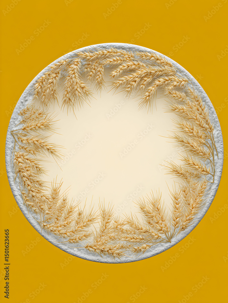 Poster golden wheat arrangement in circular design with yellow background and textured border