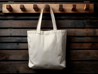 A blank cream s tote bag hangs on a rustic wooden wall hook ready for your design or .
