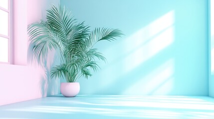 Obraz premium Pastel room with potted palm plant, sunlight streaming through window