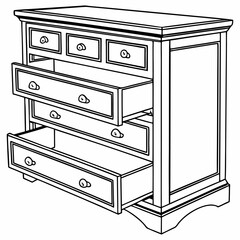 Line art vector illustration of a dresser or chest of drawers, providing bedroom storage. Suitable for furniture design, home organization, interior decorating, and clothing storage visuals. Isolated 