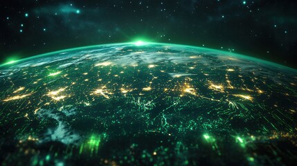 Obraz premium Earth at night from space showing city lights against a starry and dark backdrop.