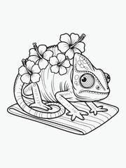 Chameleon with Hibiscus Flowers on a Beach Towel Coloring Page
