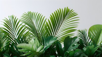Lush vibrant green tropical foliage and palm leaves isolated on a bright white background ideal for design projects and prints.