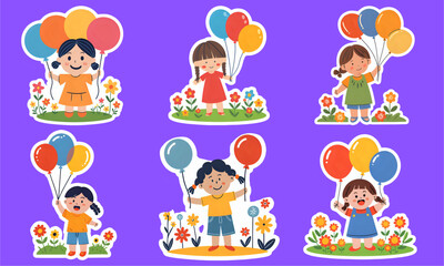 vector illustration set of happy kids with the colorful baloons