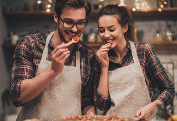 Pareja joven cocina junta en casa con delantales, compartiendo sonrisas y cariño en la cocina.Amor cotidiano, complicidad en pareja, cocina con amor, intimidad, conexión, felicidad compartida.