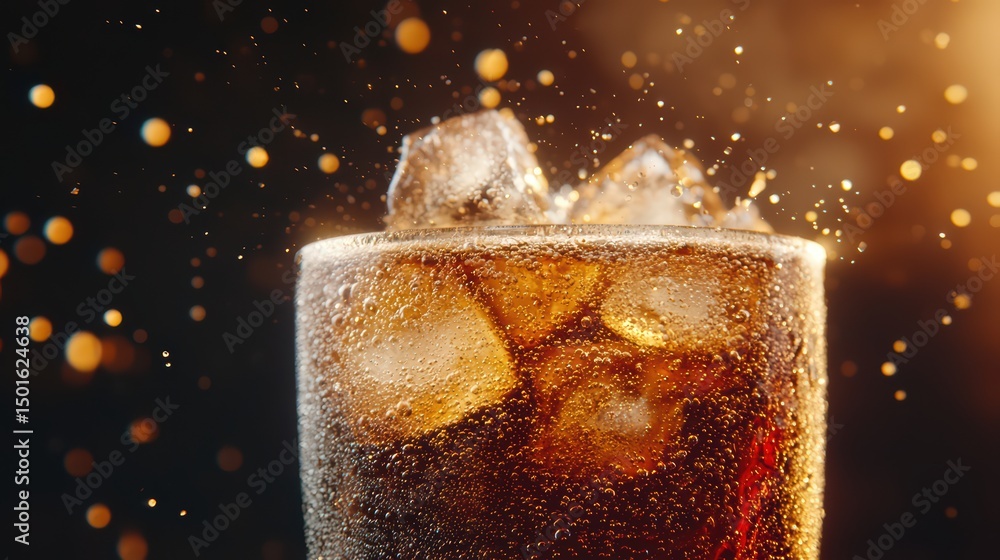 Poster refreshing carbonated beverage with ice in a glass surrounded by sparkling bokeh background