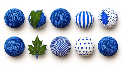 Blue Spheres and Maple Leaf on White Background