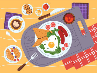 A plate of fried eggs, vegetables and sausages, a mug of hot coffee with croissants and crackers. Delicious fresh breakfast. Top view. Vector illustration in the flat style