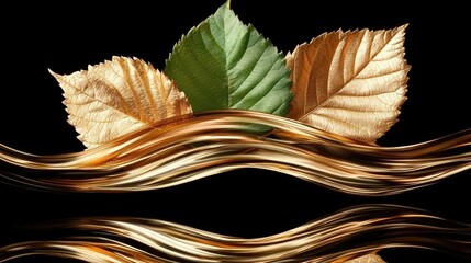 Leaf Arrangement with Gold Stream and Reflection on Black