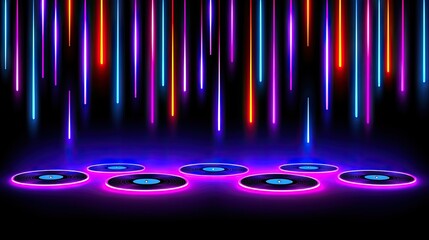 Vinyl Records on Glowing Stage with Colorful Neon Lights