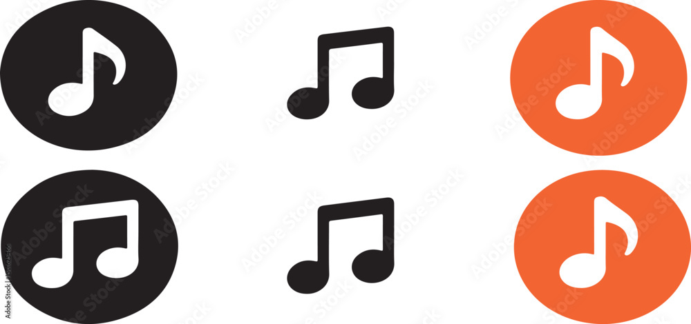 Poster music note icons in black white and orange circles representing sound themes and musical concepts fo